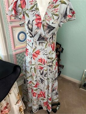 French Connection Floral Maxi Dress in Light Blue with Coral Blooms